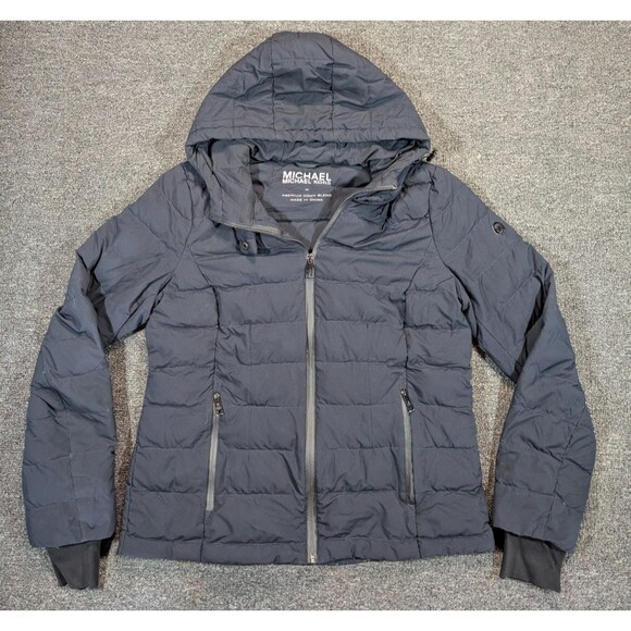 Michael Kors Womens M Down Hooded Puffer Full Zip Black Jacket Coat - Picture 2 of 9